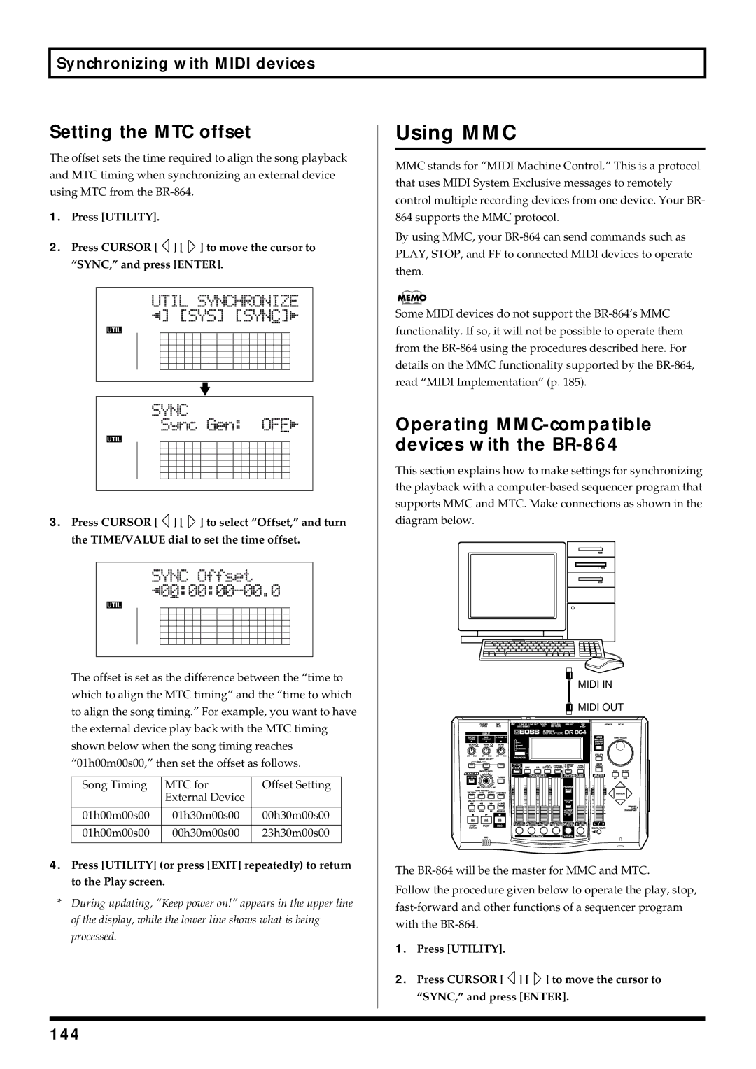 Roland owner manual Using MMC, Setting the MTC offset, Operating MMC-compatible devices with the BR-864, 144 