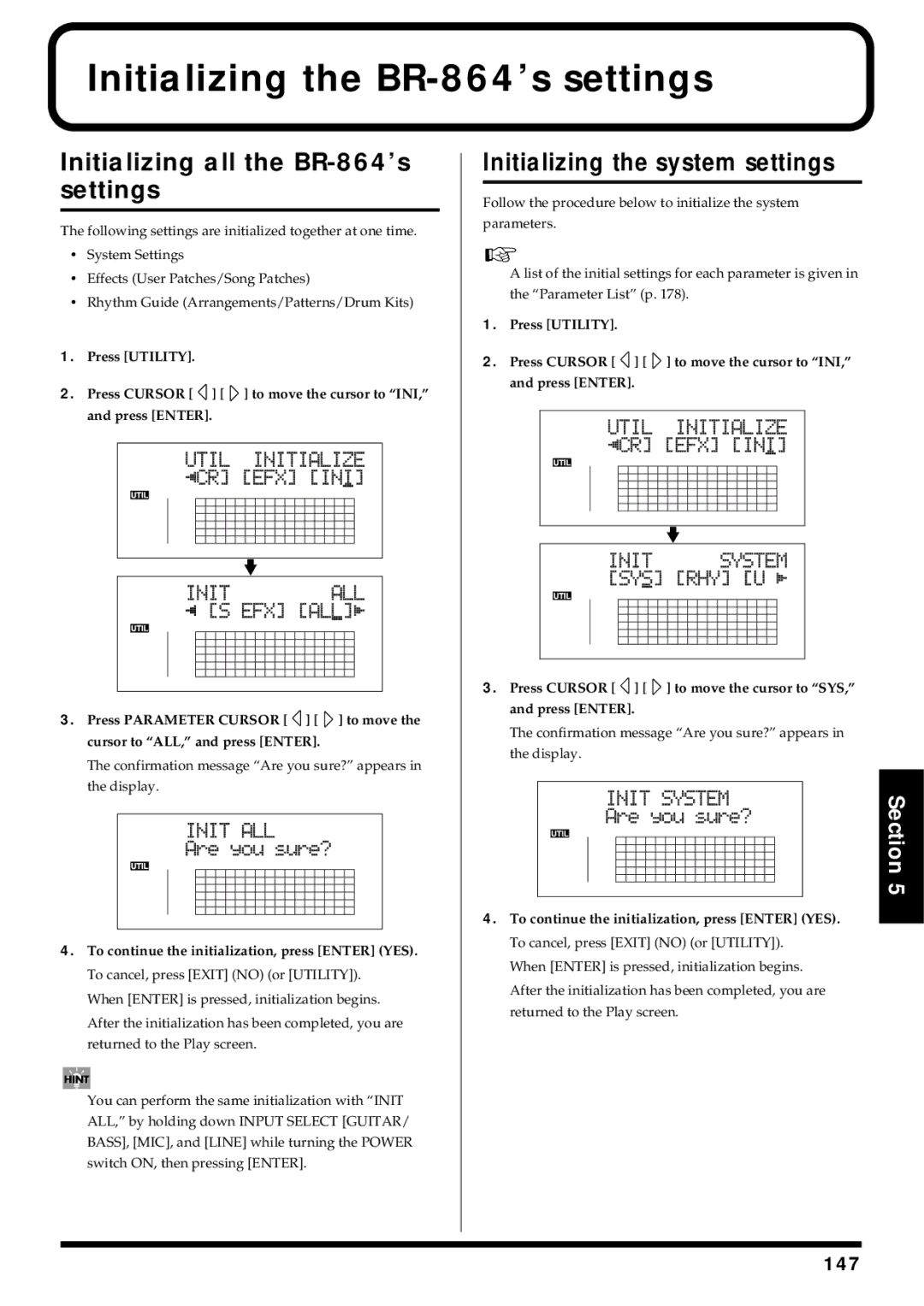 Roland Initializing the BR-864’s settings, Initializing all the BR-864’s settings, Initializing the system settings 