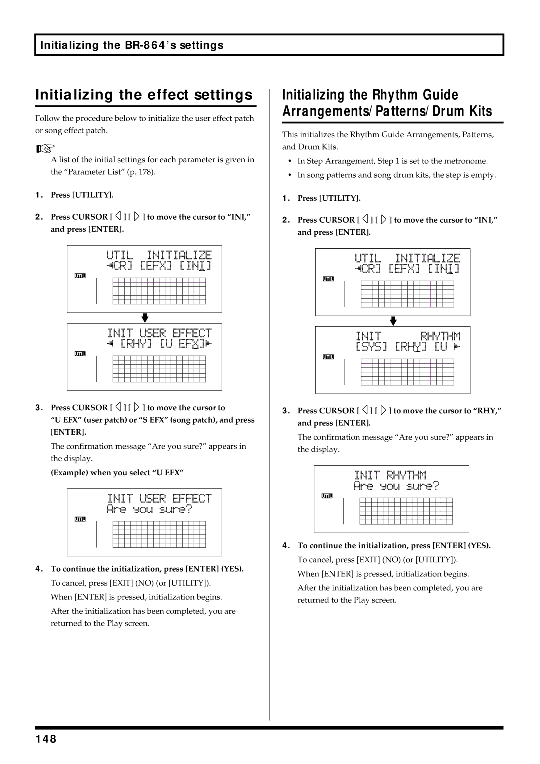 Roland BR-864 owner manual Initializing the effect settings, 148 