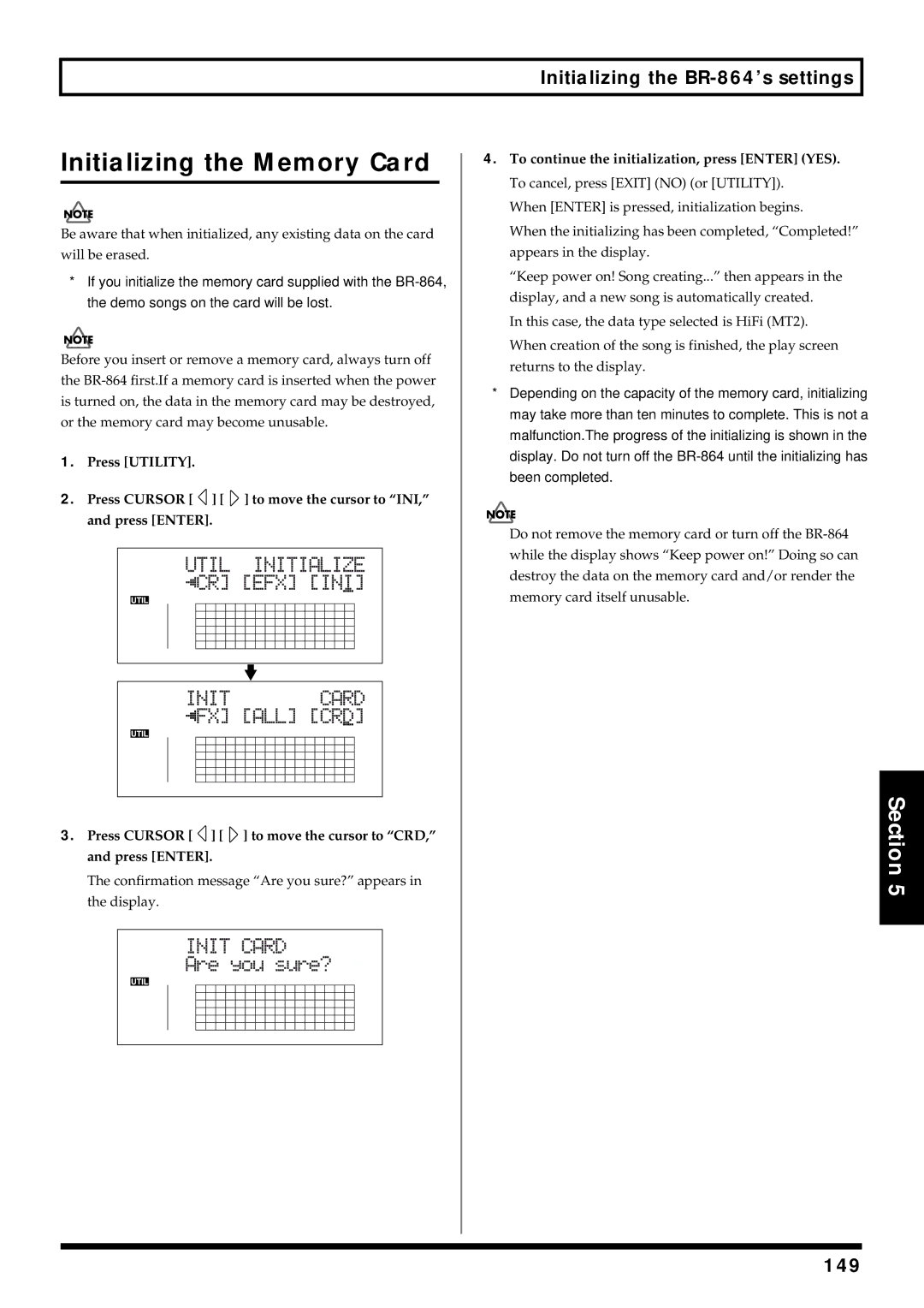 Roland BR-864 owner manual Initializing the Memory Card, 149 