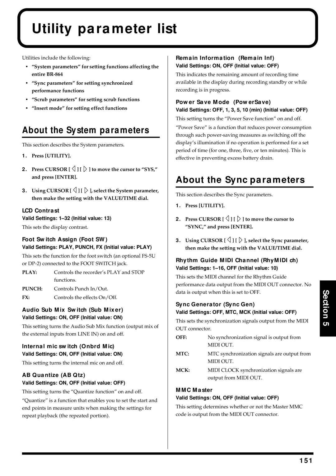 Roland BR-864 owner manual Utility parameter list, About the System parameters, About the Sync parameters 