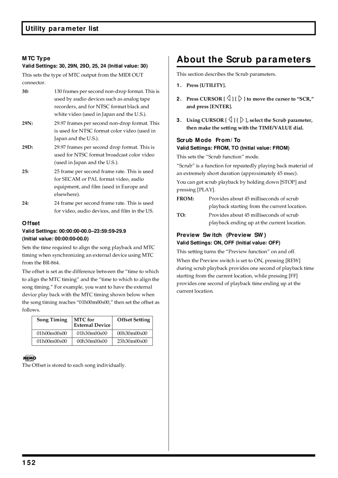 Roland BR-864 owner manual About the Scrub parameters, Utility parameter list, 152 