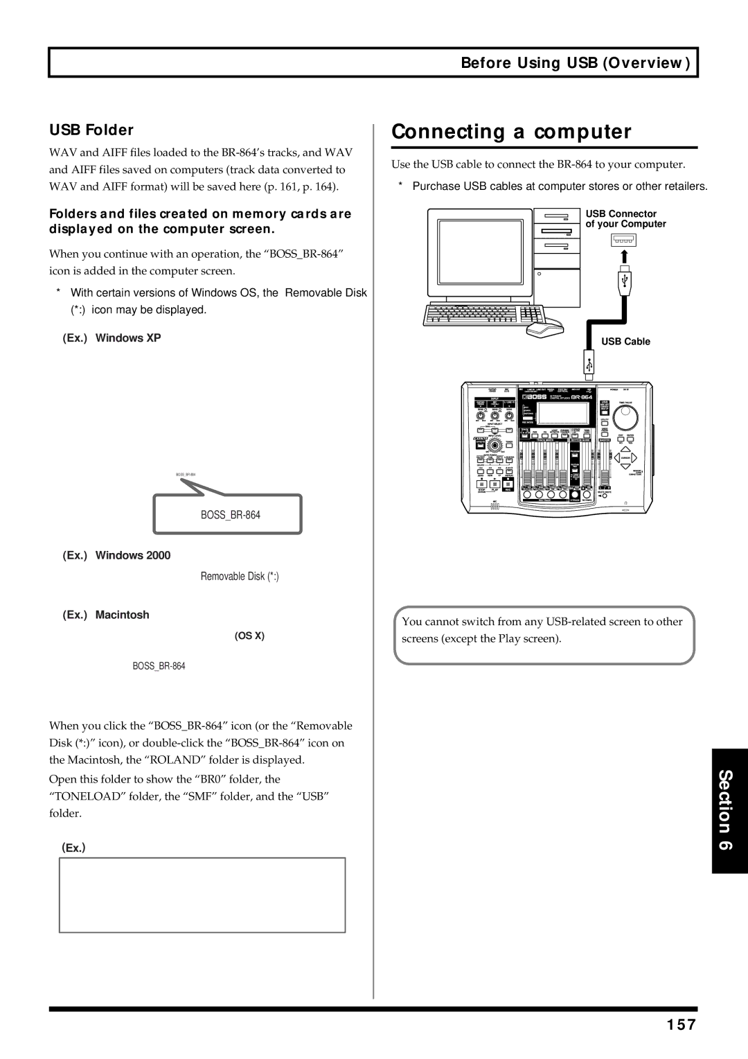 Roland BR-864 owner manual Connecting a computer, Before Using USB Overview USB Folder, 157 