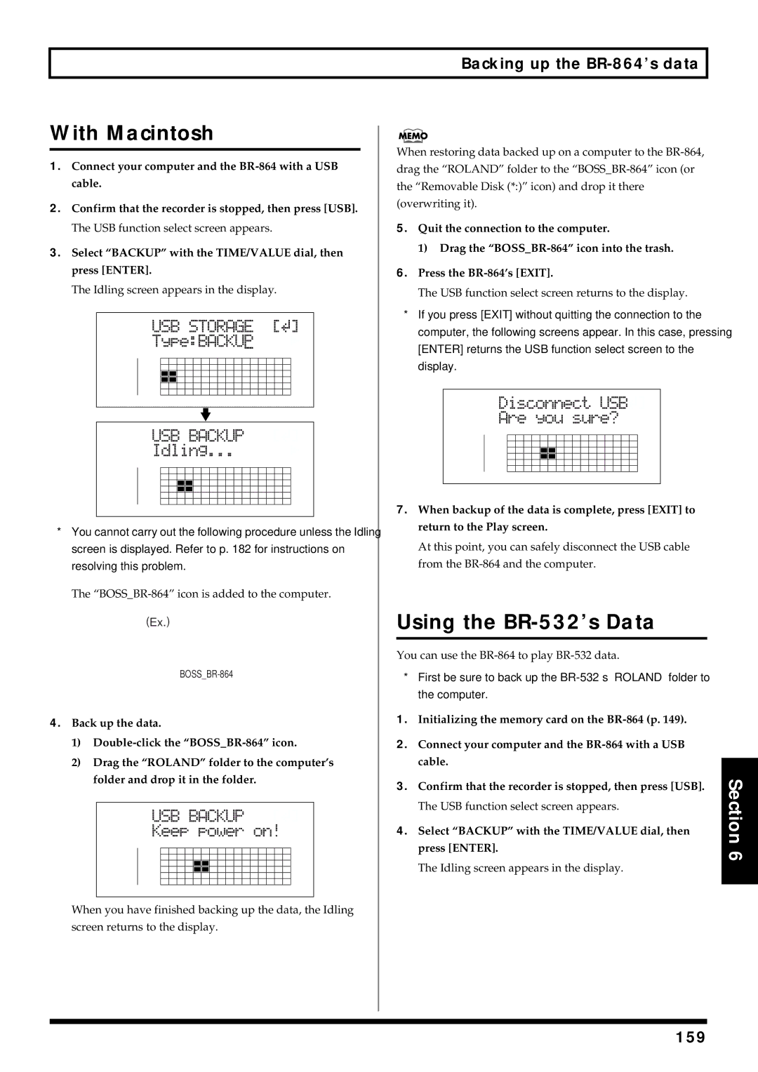 Roland owner manual With Macintosh, Using the BR-532’s Data, Backing up the BR-864’s data, 159 