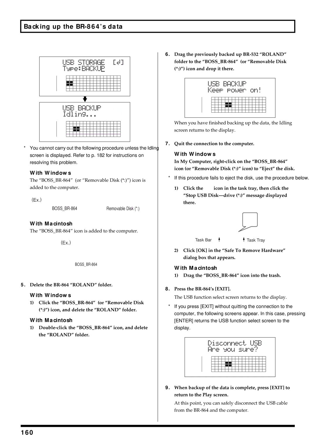 Roland 160, With Windows, With Macintosh, Delete the BR-864 Roland folder, Quit the connection to the computer 