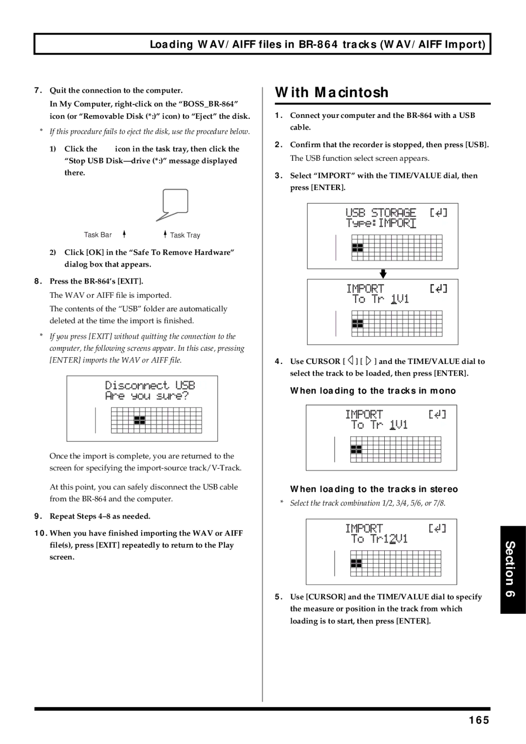 Roland Loading WAV/AIFF files in BR-864 tracks WAV/AIFF Import, 165, Use Cursor and the TIME/VALUE dial to specify 