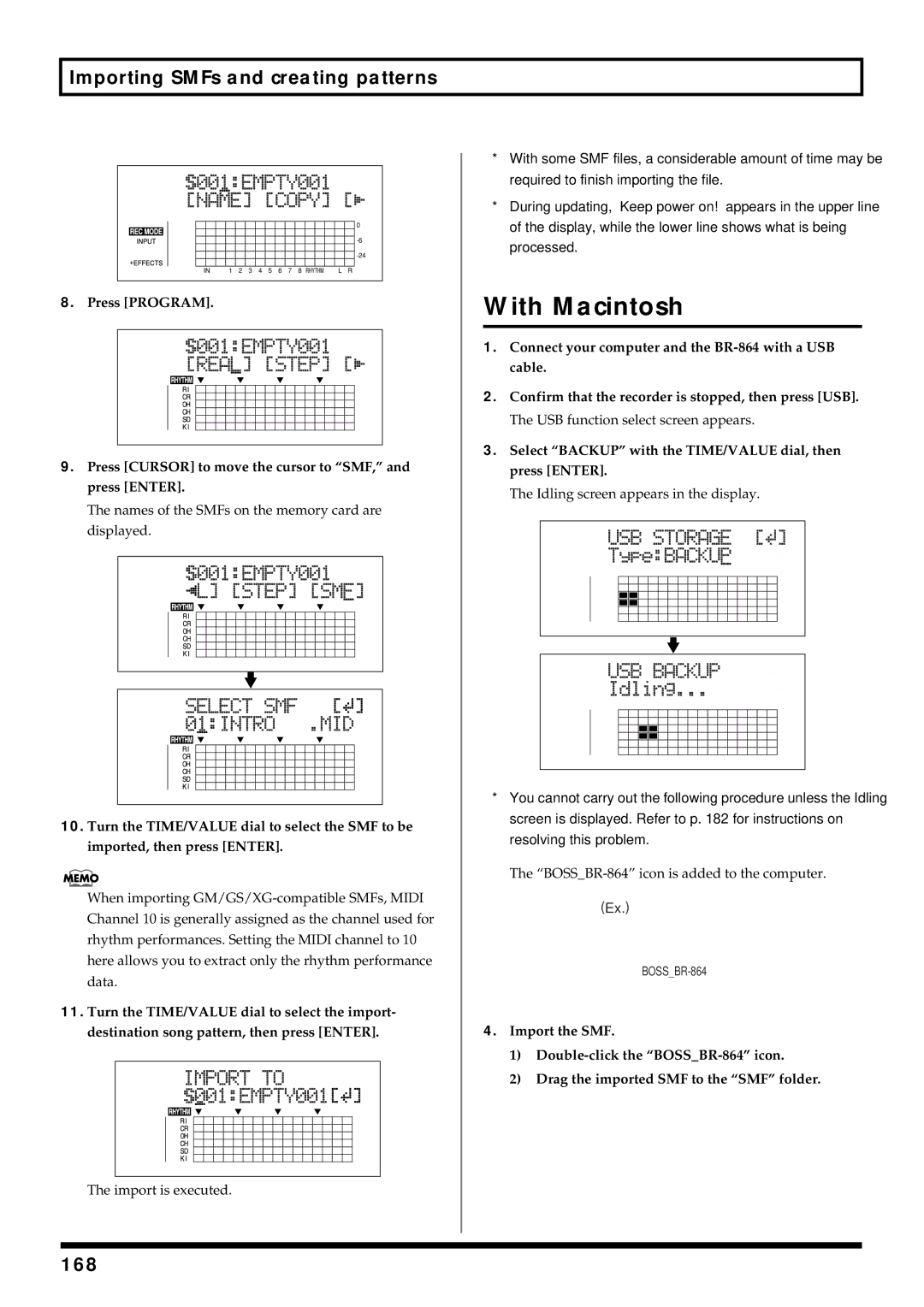 Roland BR-864 owner manual Importing SMFs and creating patterns, 168 