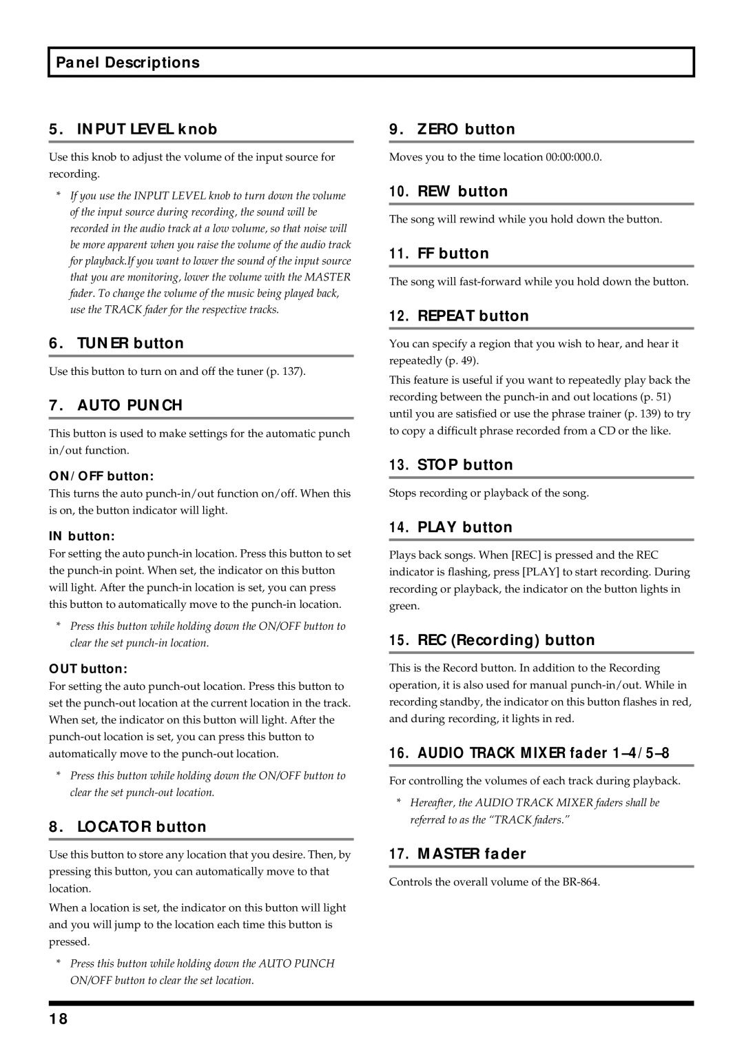 Roland BR-864 Panel Descriptions Input Level knob, Tuner button, Zero button, REW button, FF button, Repeat button 