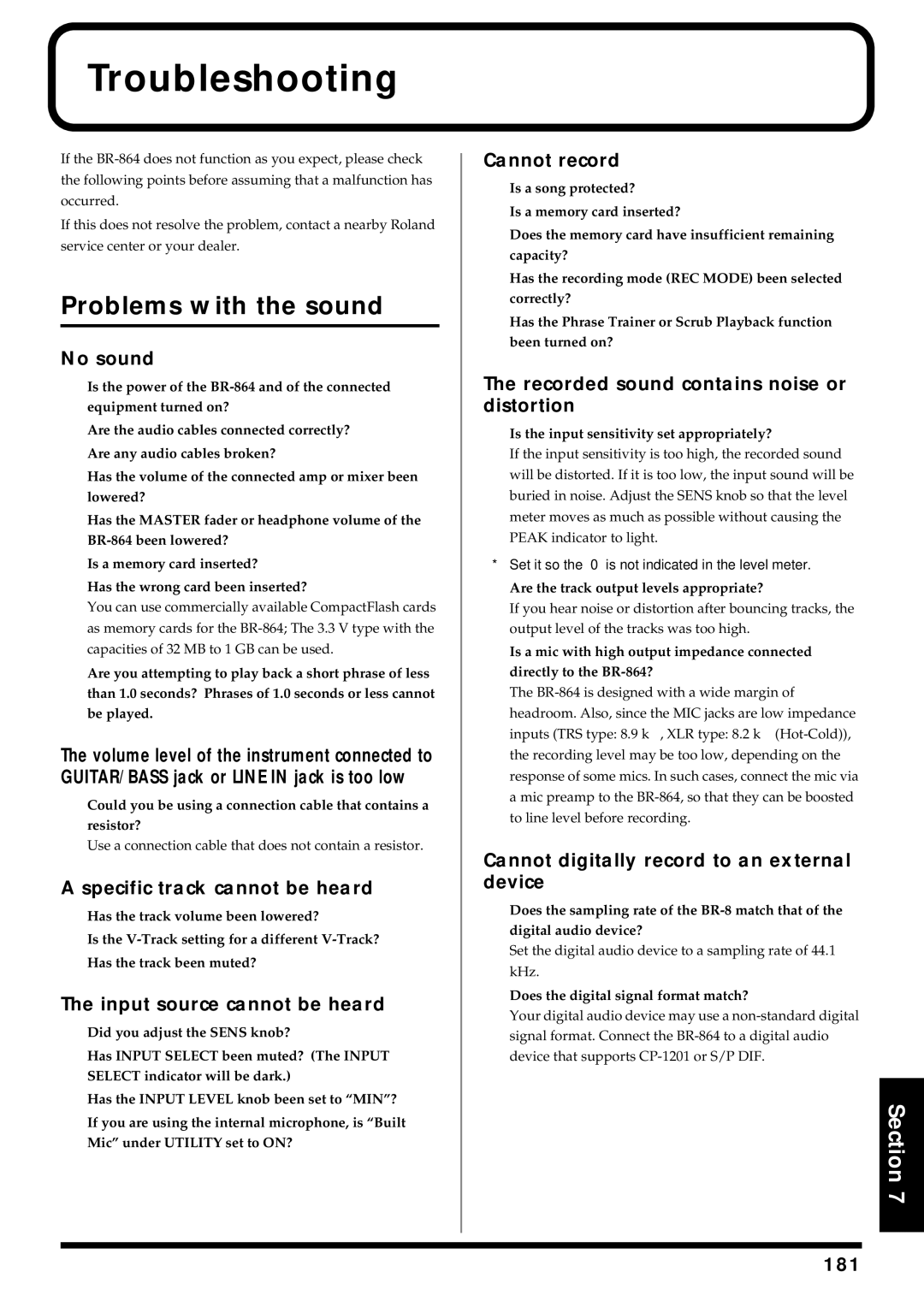 Roland BR-864 owner manual Troubleshooting, Problems with the sound 