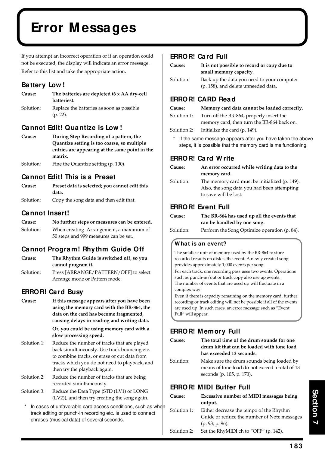 Roland BR-864 owner manual Error Messages 