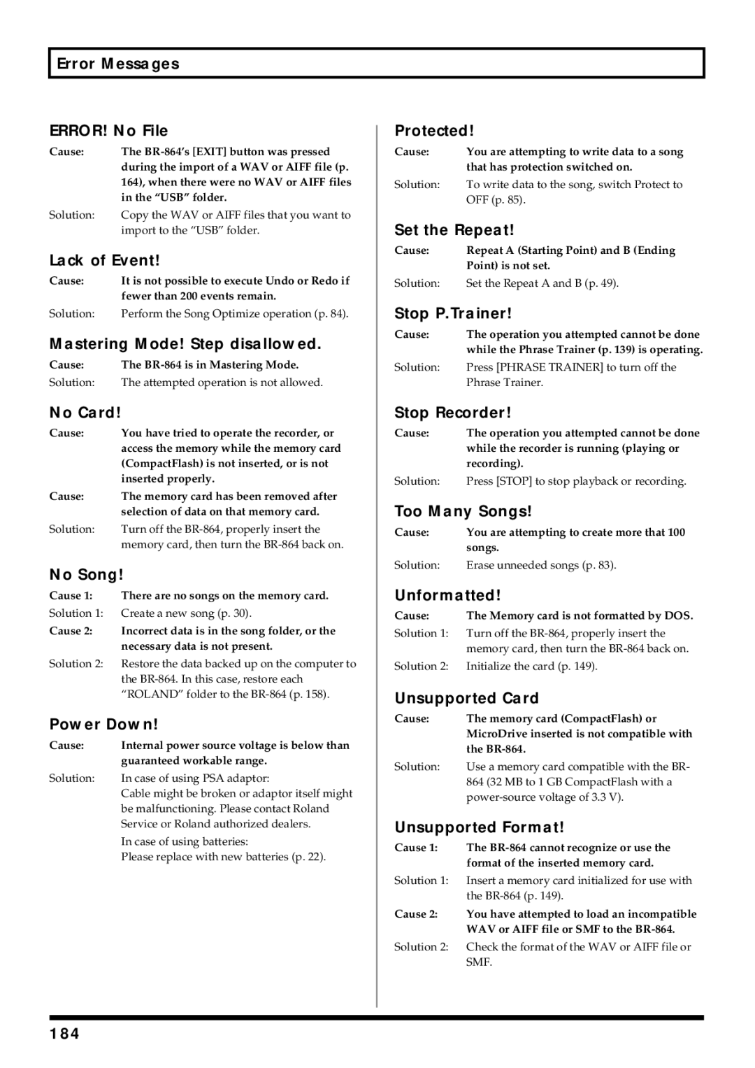 Roland BR-864 Error Messages ERROR! No File, Lack of Event, Mastering Mode! Step disallowed, No Card, No Song, Power Down 