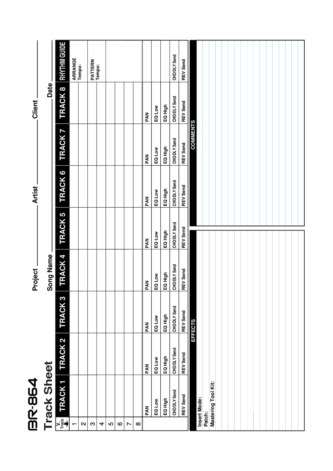 Roland BR-864 owner manual Track Sheet, Insert Mode Patch Mastering Tool Kit 