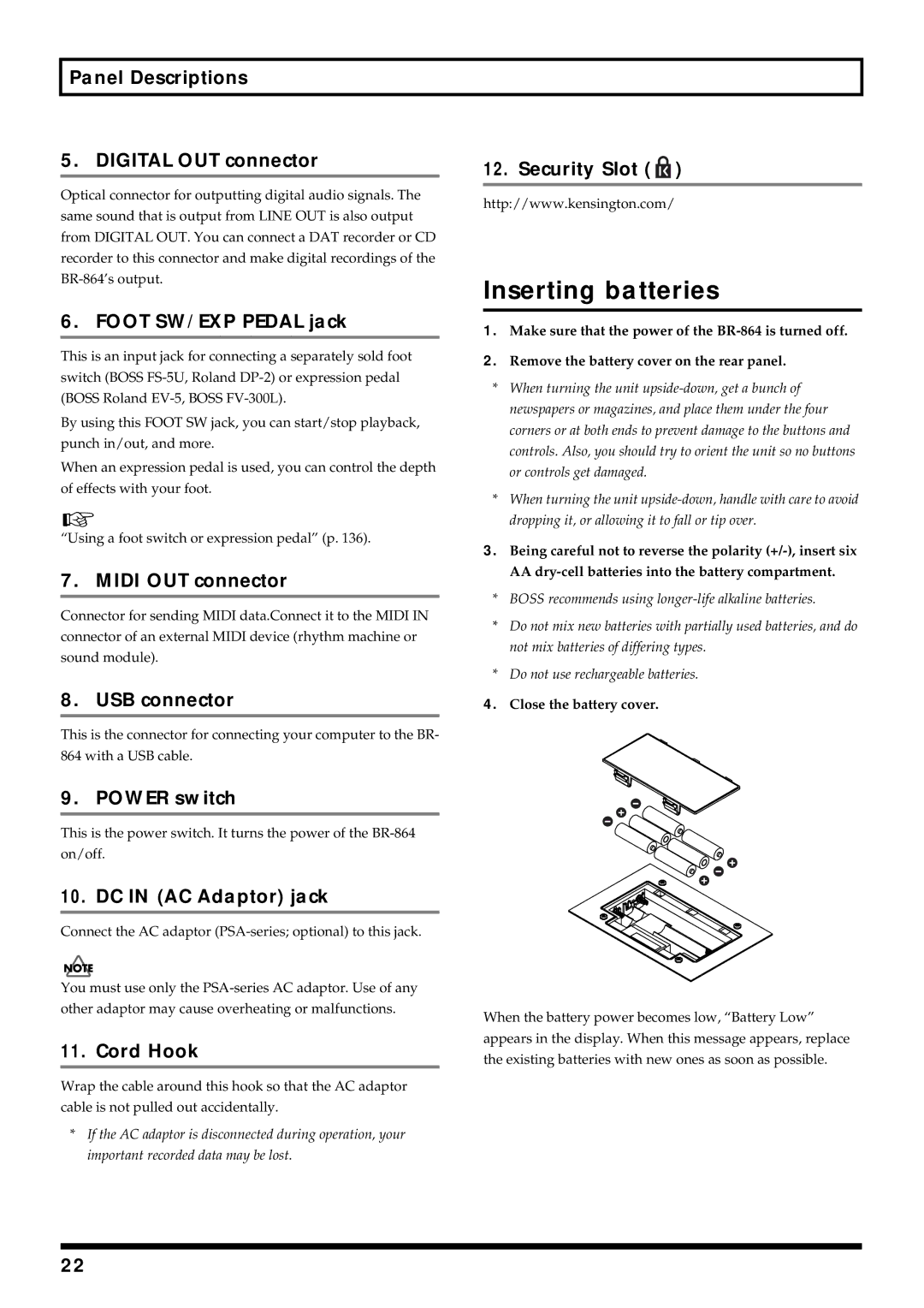 Roland BR-864 owner manual Inserting batteries 