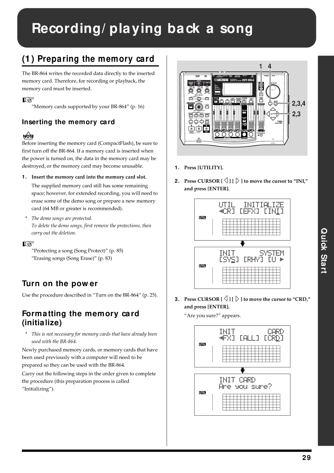 Roland BR-864 owner manual Preparing the memory card, Turn on the power, Formatting the memory card initialize 