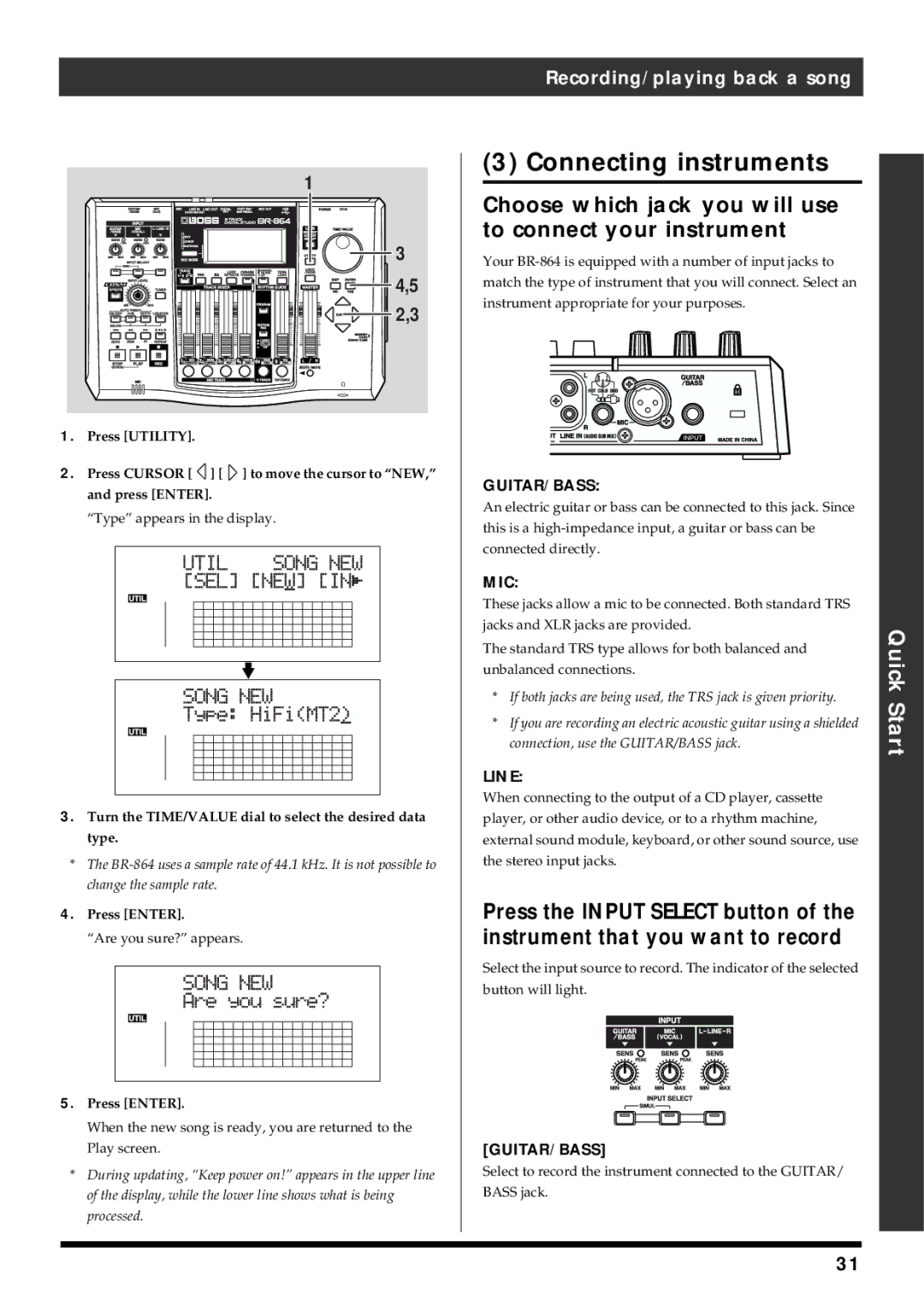 Roland BR-864 owner manual Connecting instruments, Choose which jack you will use to connect your instrument 