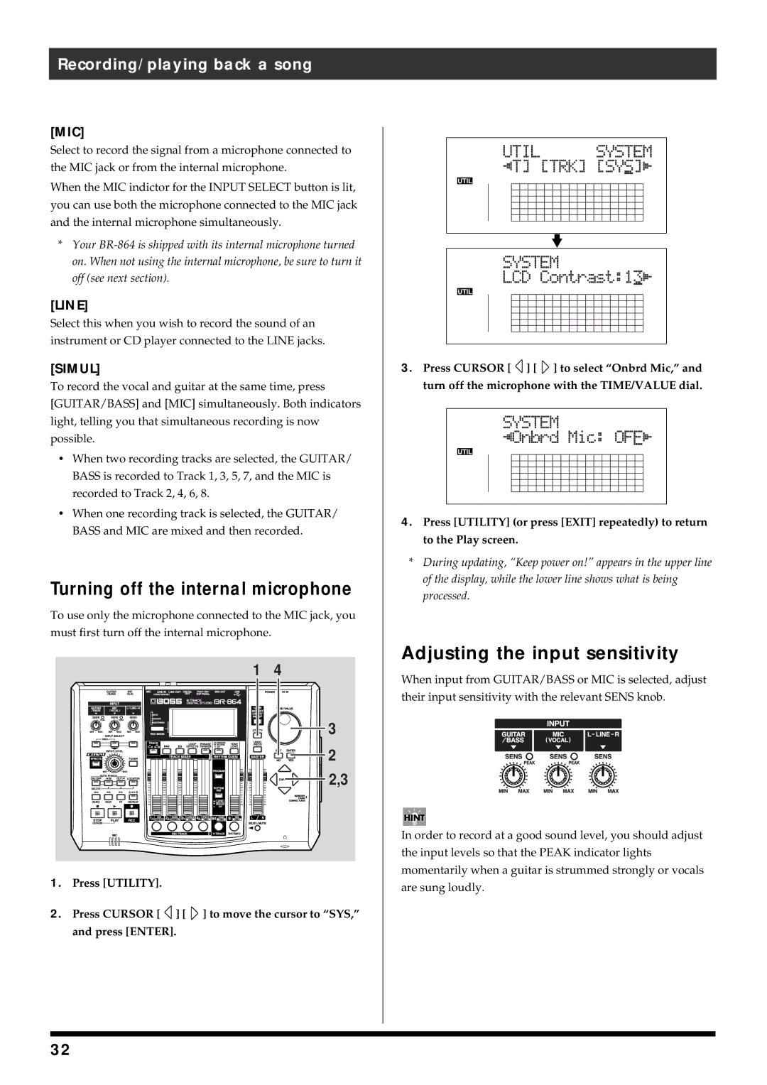 Roland BR-864 owner manual Turning off the internal microphone, Adjusting the input sensitivity 