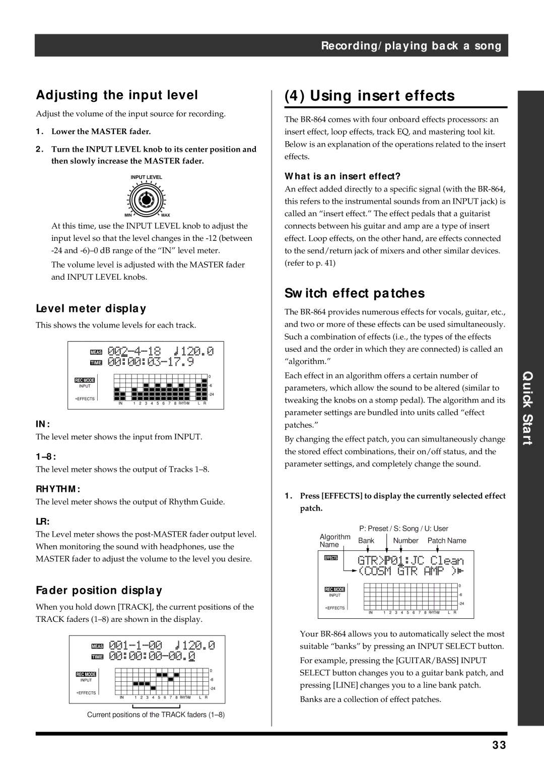 Roland BR-864 owner manual Using insert effects, Adjusting the input level, Switch effect patches, Level meter display 