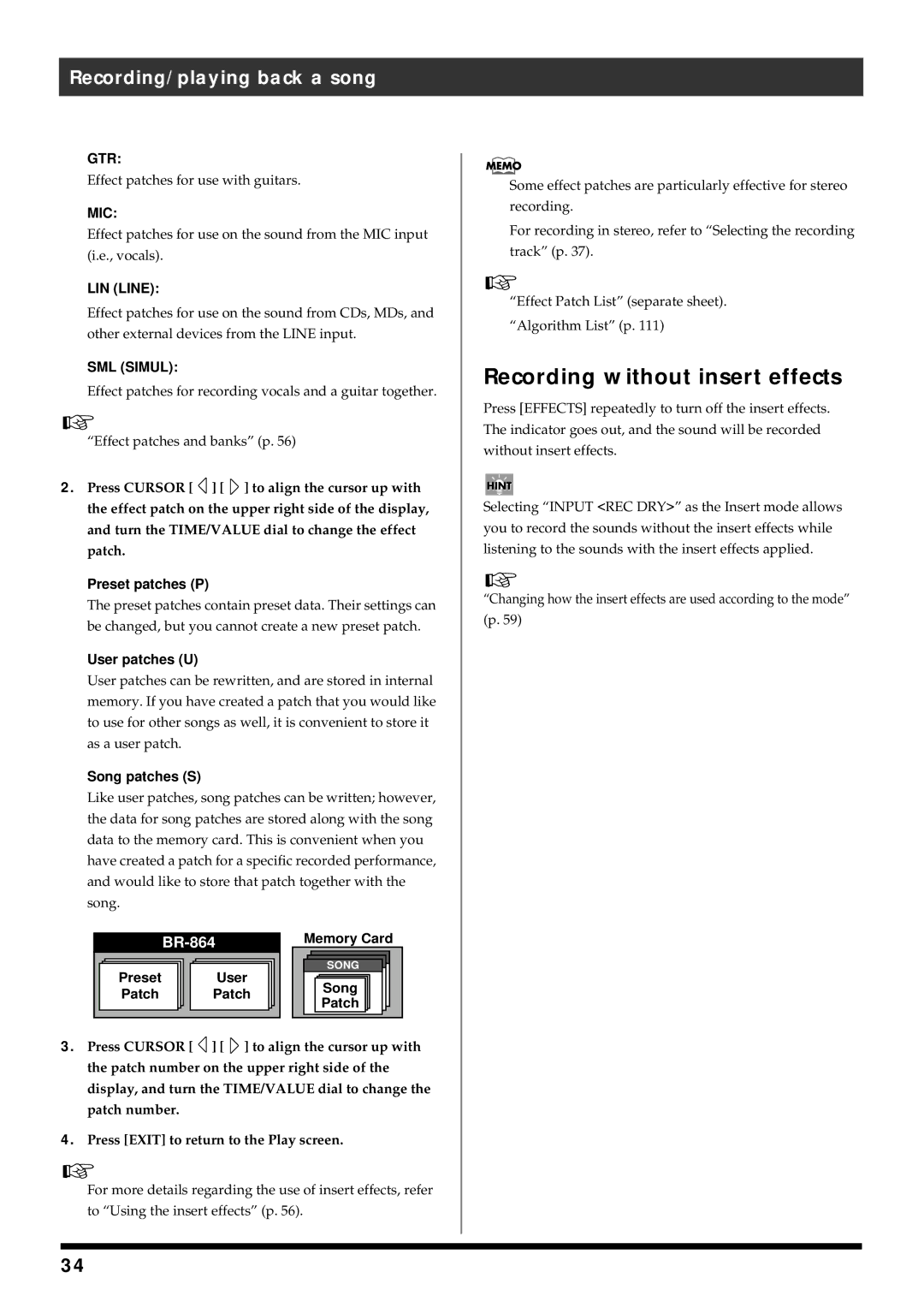 Roland BR-864 owner manual Recording without insert effects, Gtr, Mic, LIN Line, SML Simul 