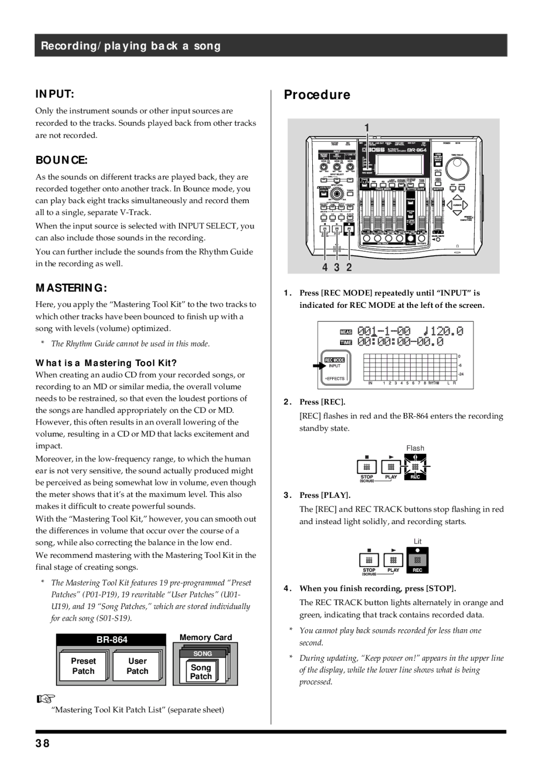 Roland BR-864 owner manual Procedure, What is a Mastering Tool Kit?, When you finish recording, press Stop 