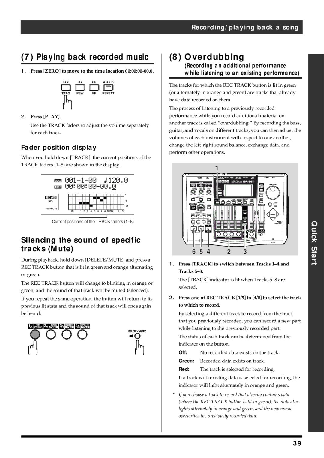 Roland BR-864 owner manual Playing back recorded music, Overdubbing, Silencing the sound of specific tracks Mute 