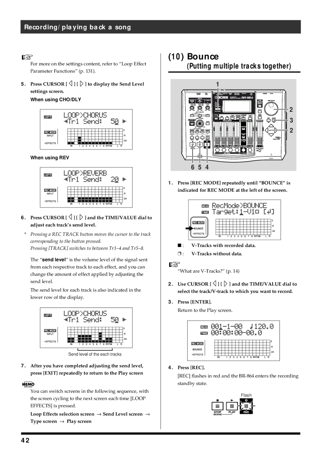 Roland BR-864 owner manual Bounce, Putting multiple tracks together, Press Cursor to display the Send Level settings screen 