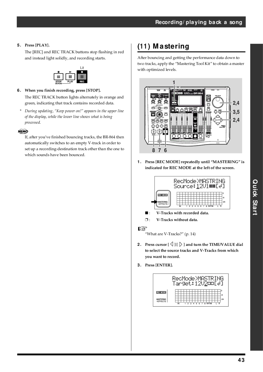 Roland BR-864 owner manual Mastering, Tracks with recorded data Tracks without data 