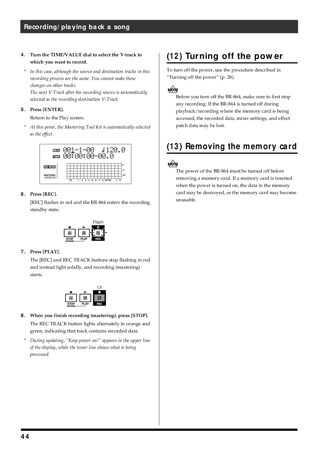 Roland BR-864 owner manual Turning off the power, Removing the memory card 