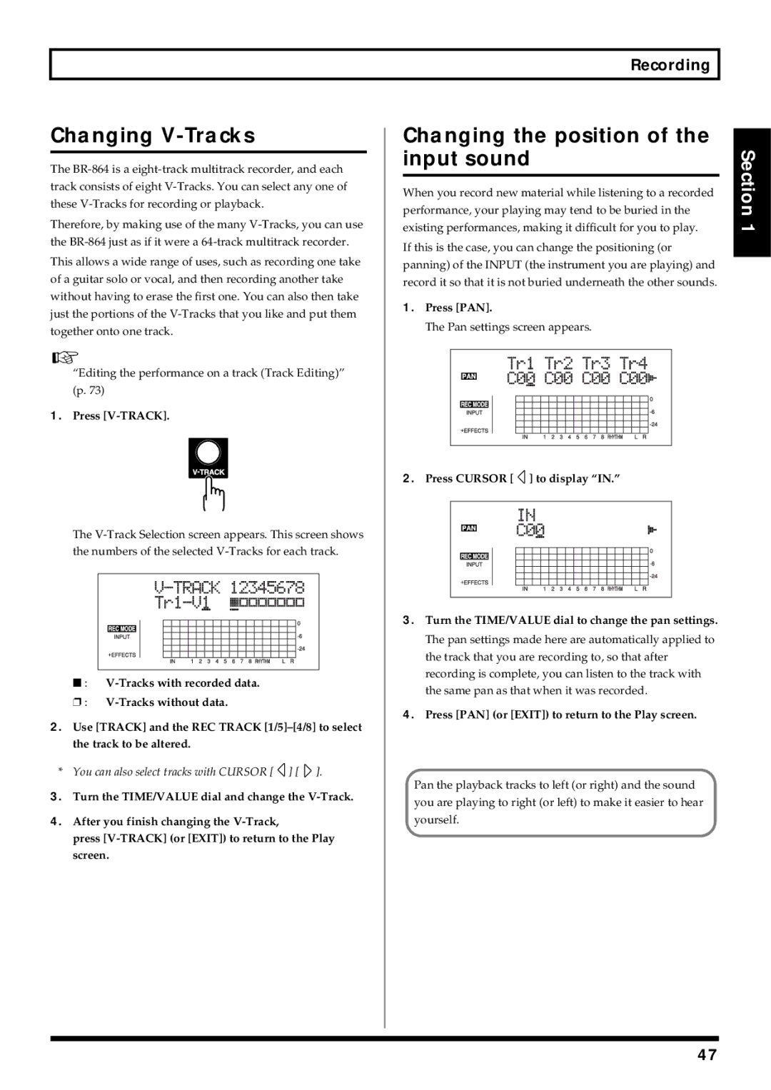 Roland BR-864 owner manual Changing V-Tracks, Changing the position Input sound, Press V-TRACK, Press Cursor to display 