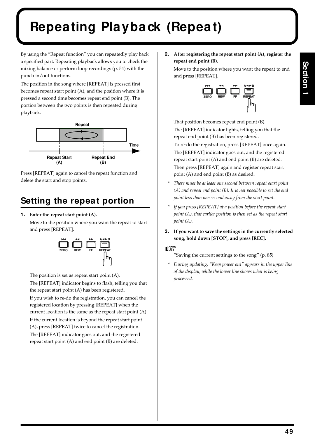 Roland BR-864 owner manual Repeating Playback Repeat, Setting the repeat portion, Enter the repeat start point a 