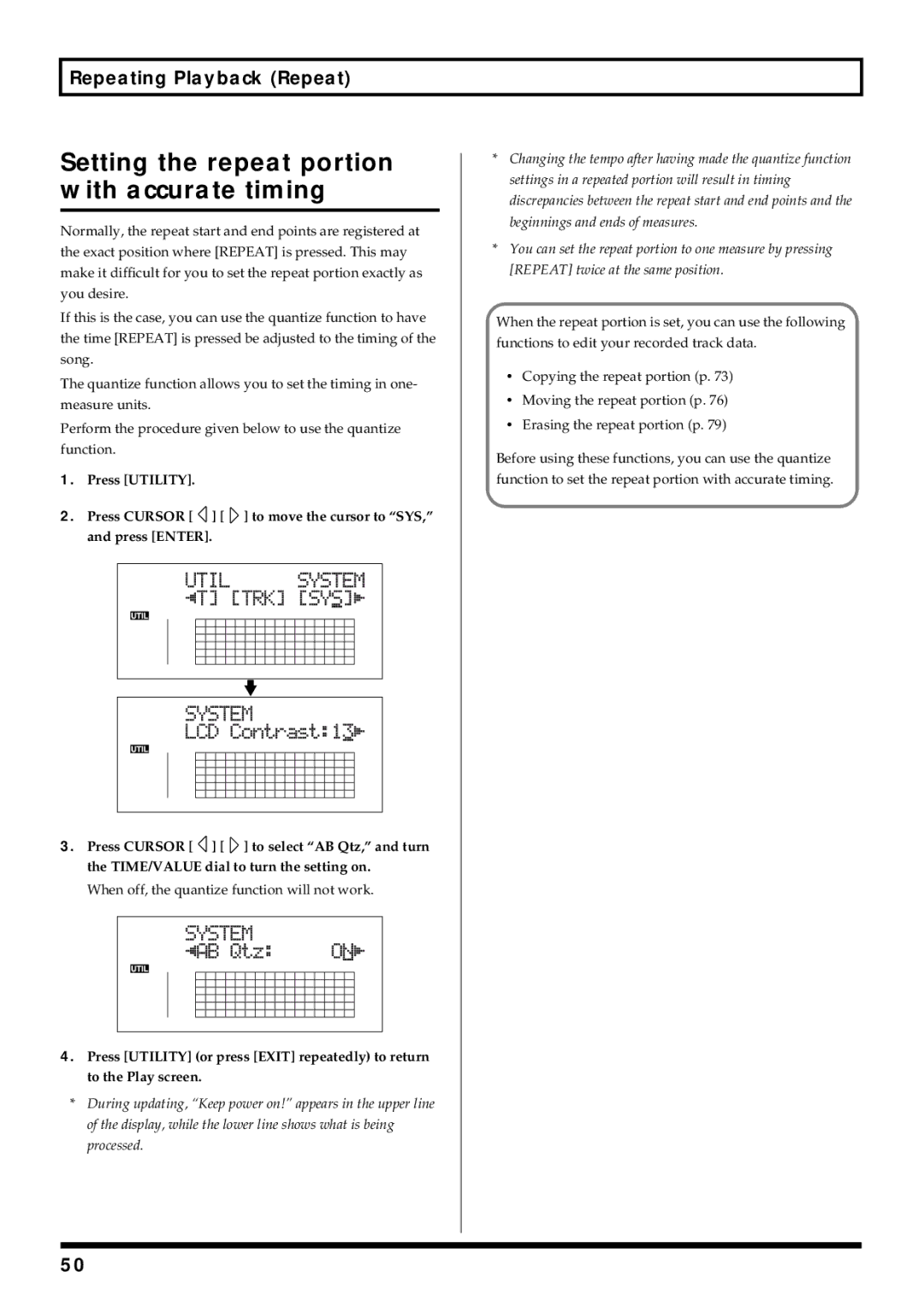 Roland BR-864 owner manual Setting the repeat portion with accurate timing, Repeating Playback Repeat 