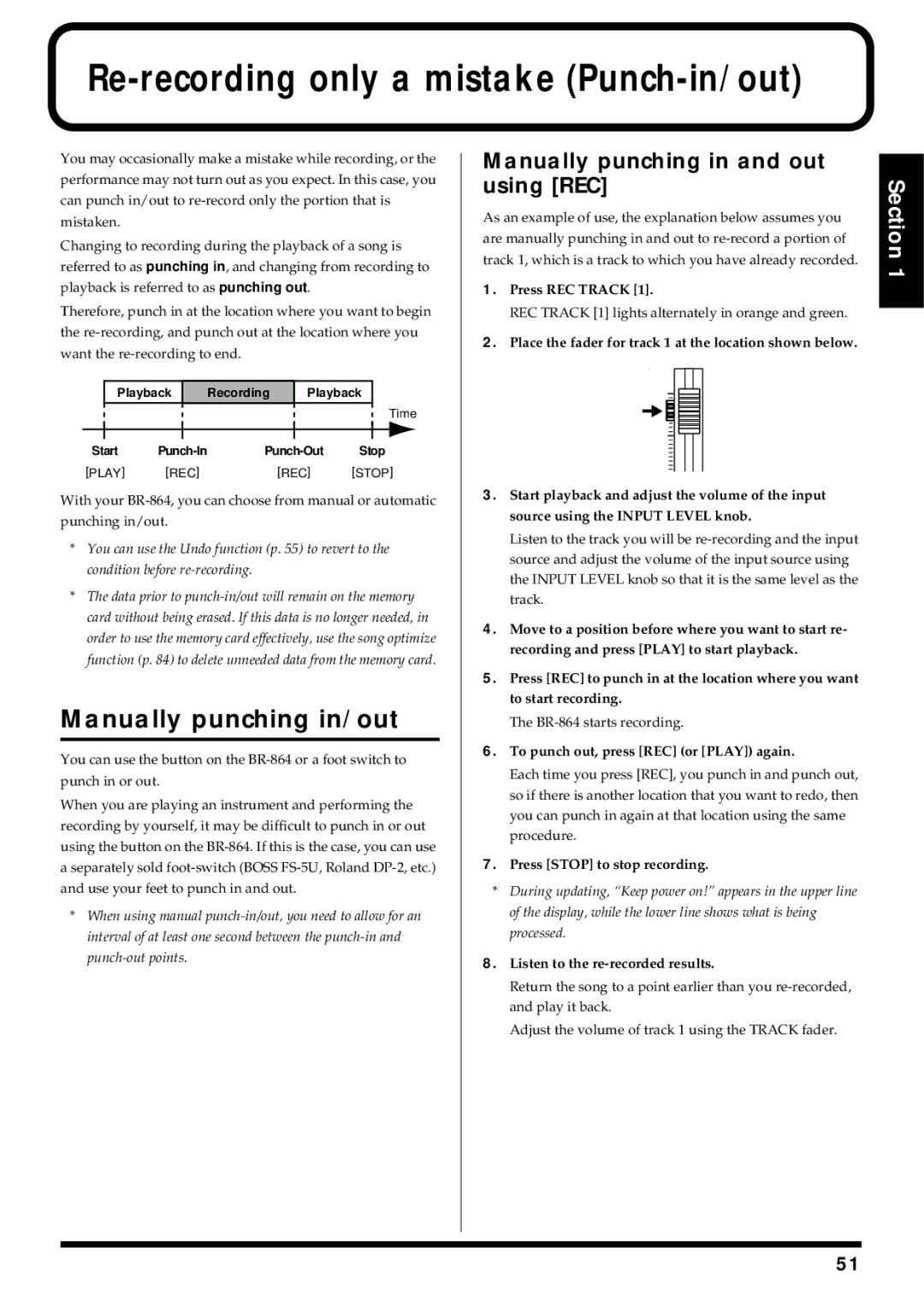 Roland BR-864 Re-recording only a mistake Punch-in/out, Manually punching in/out, Manually punching in and out using REC 