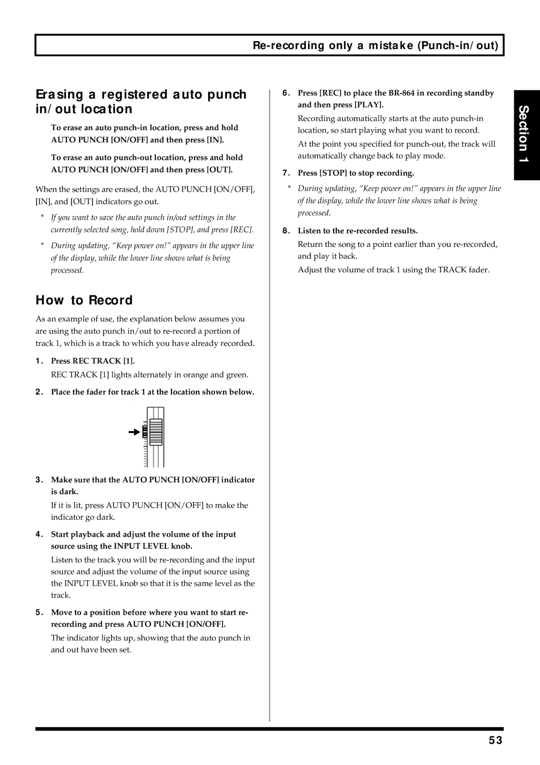 Roland BR-864 owner manual Erasing a registered auto punch in/out location, How to Record 