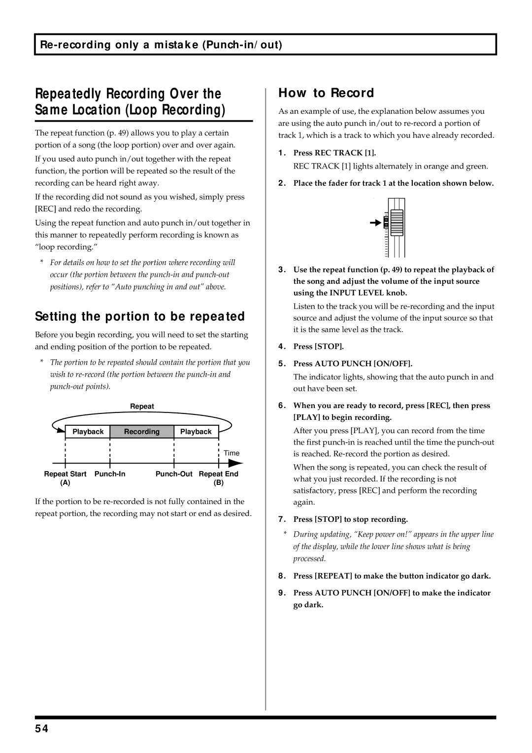 Roland BR-864 owner manual Setting the portion to be repeated, Press Stop Press Auto Punch ON/OFF 