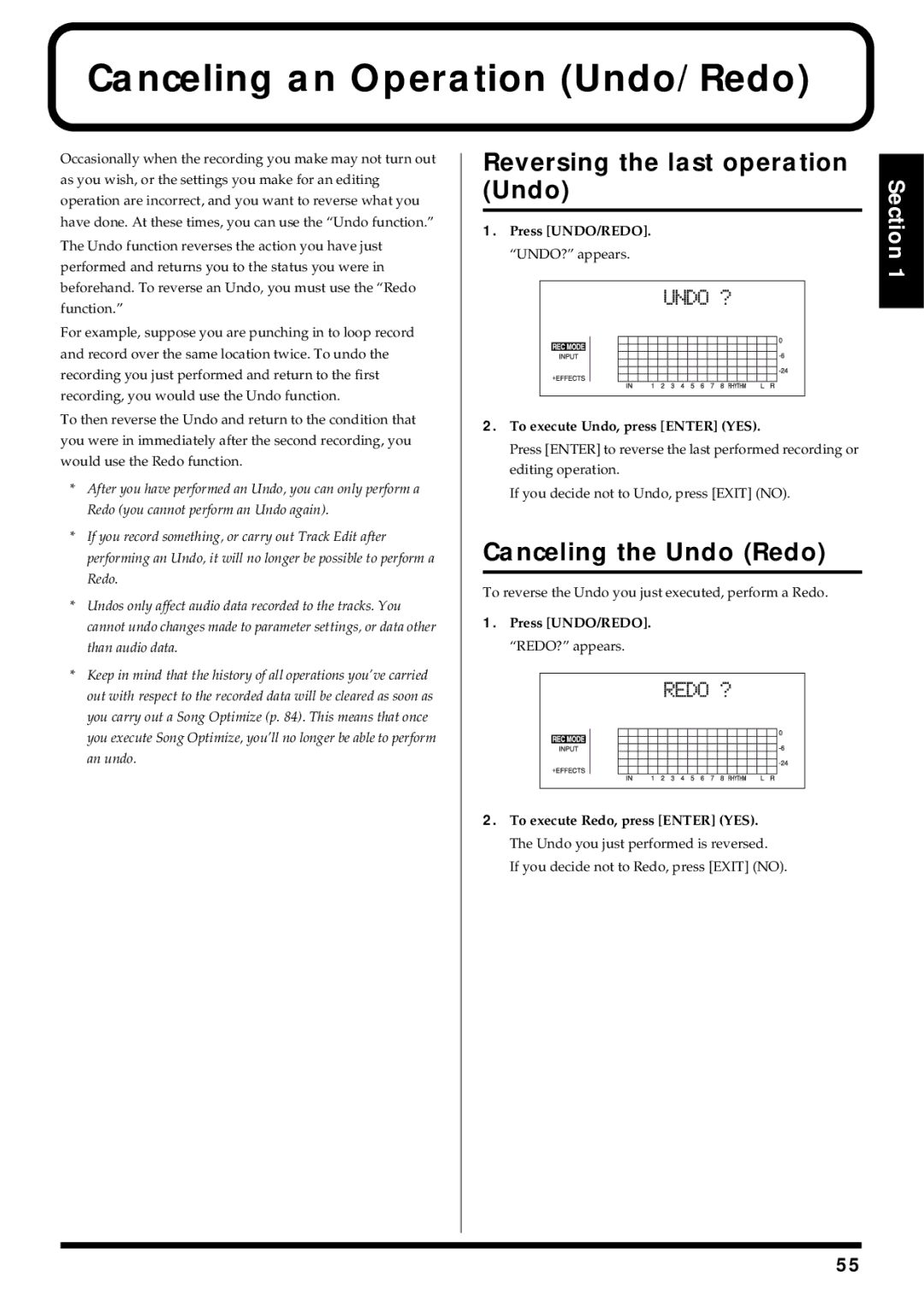 Roland BR-864 owner manual Canceling an Operation Undo/Redo, Reversing the last operation Undo, Canceling the Undo Redo 