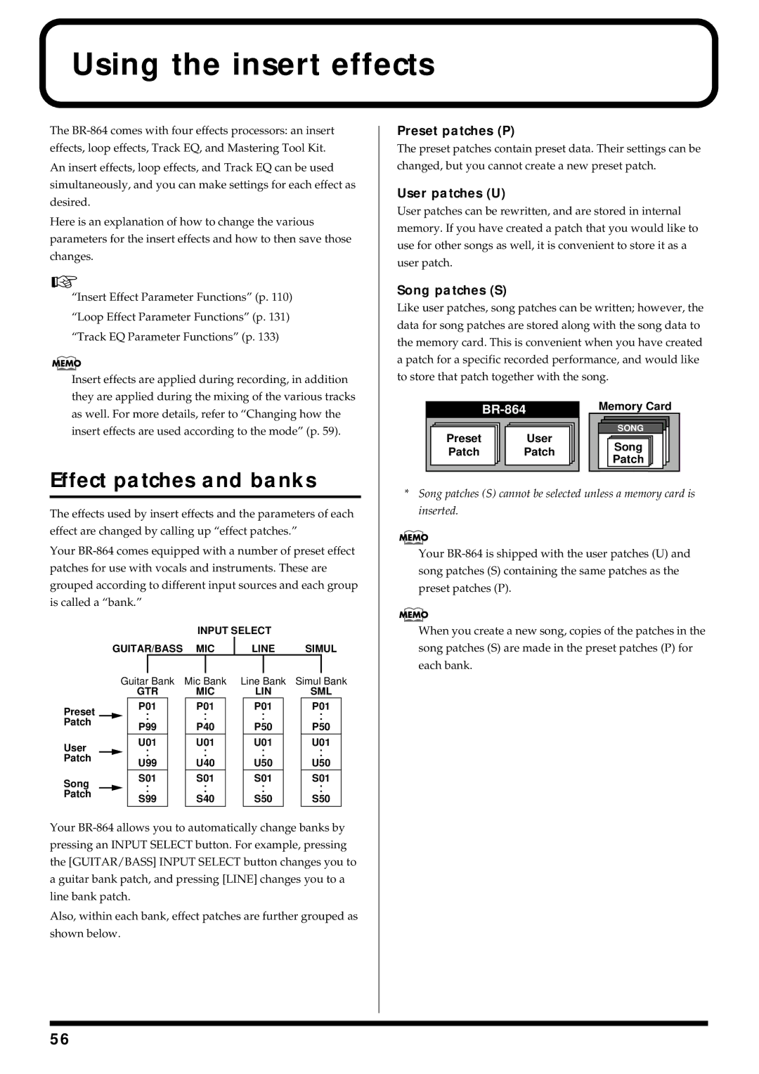 Roland BR-864 Using the insert effects, Effect patches and banks, Preset patches P, User patches U, Song patches S 