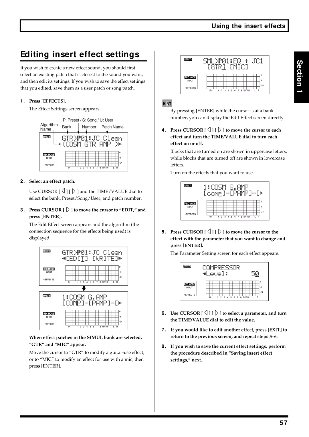 Roland BR-864 owner manual Editing insert effect settings, Press Effects, Select an effect patch 