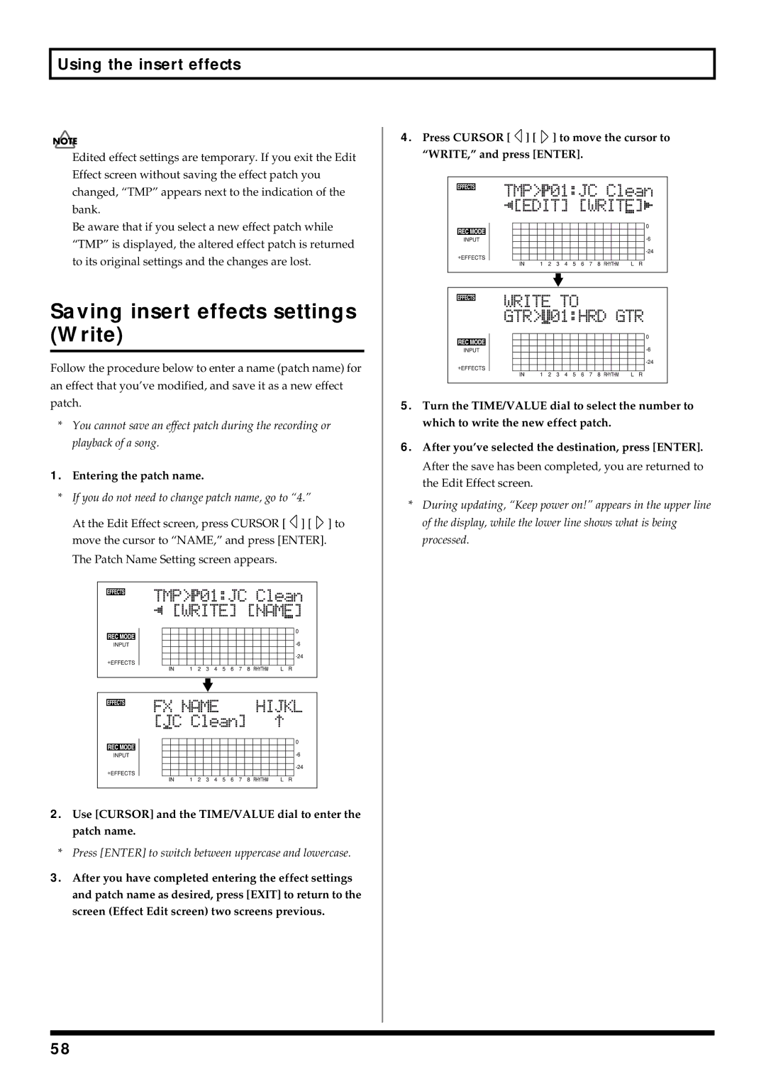 Roland BR-864 owner manual Saving insert effects settings Write, Entering the patch name 