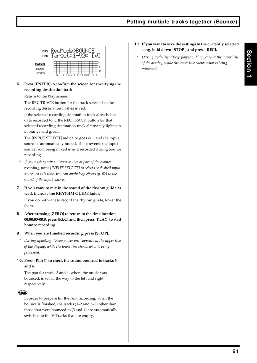 Roland BR-864 owner manual Putting multiple tracks together Bounce, Press Play to check the sound bounced to tracks 3 