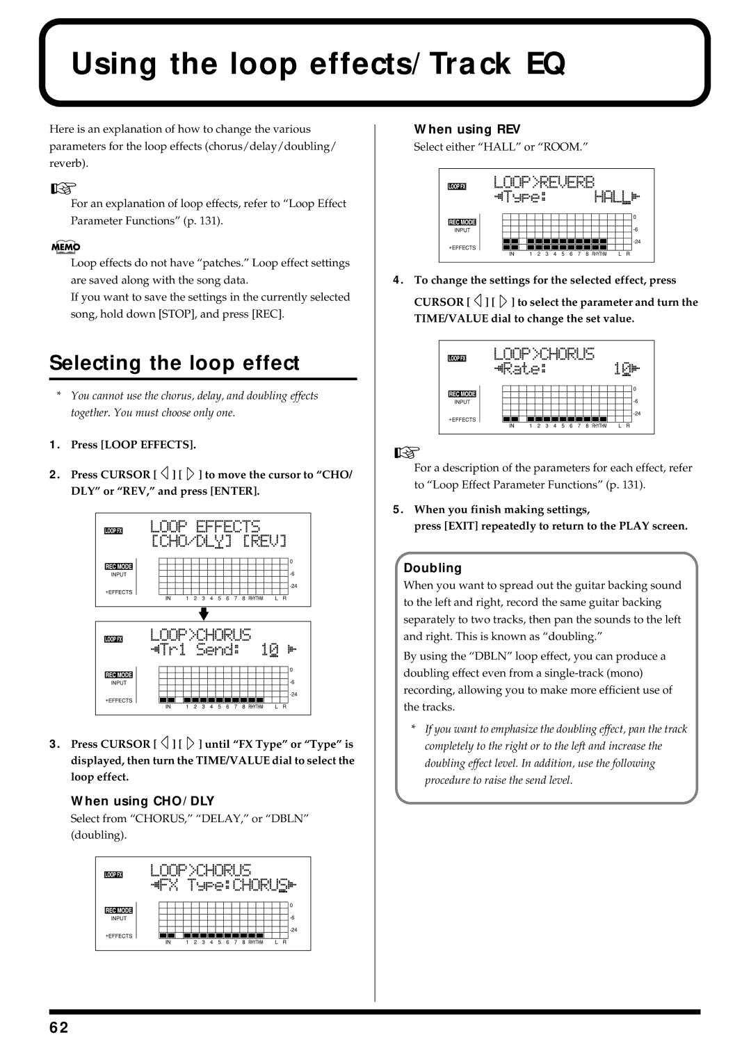 Roland BR-864 Using the loop effects/Track EQ, Selecting the loop effect, When using CHO/DLY, When using REV, Doubling 