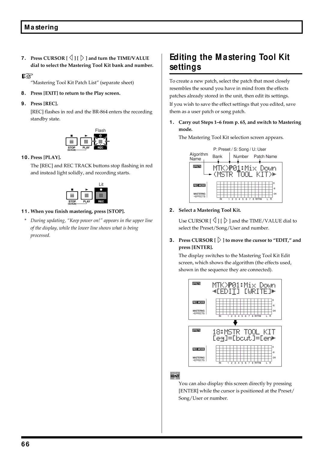 Roland BR-864 owner manual Editing the Mastering Tool Kit settings, Press Exit to return to the Play screen Press REC 