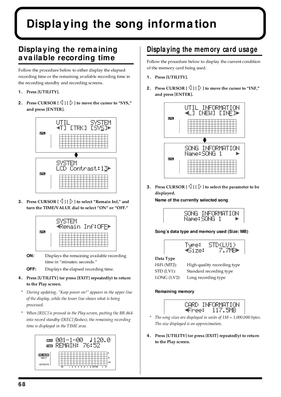 Roland BR-864 owner manual Displaying the song information, Displaying the remaining available recording time 