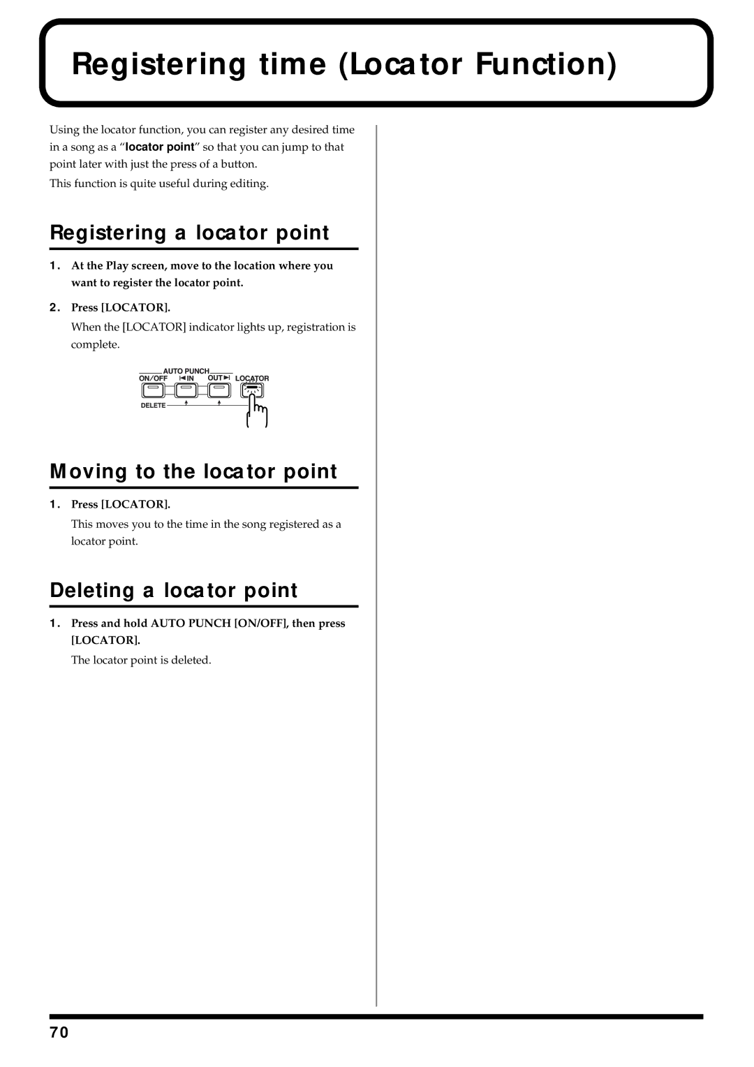 Roland BR-864 owner manual Registering time Locator Function, Registering a locator point, Moving to the locator point 