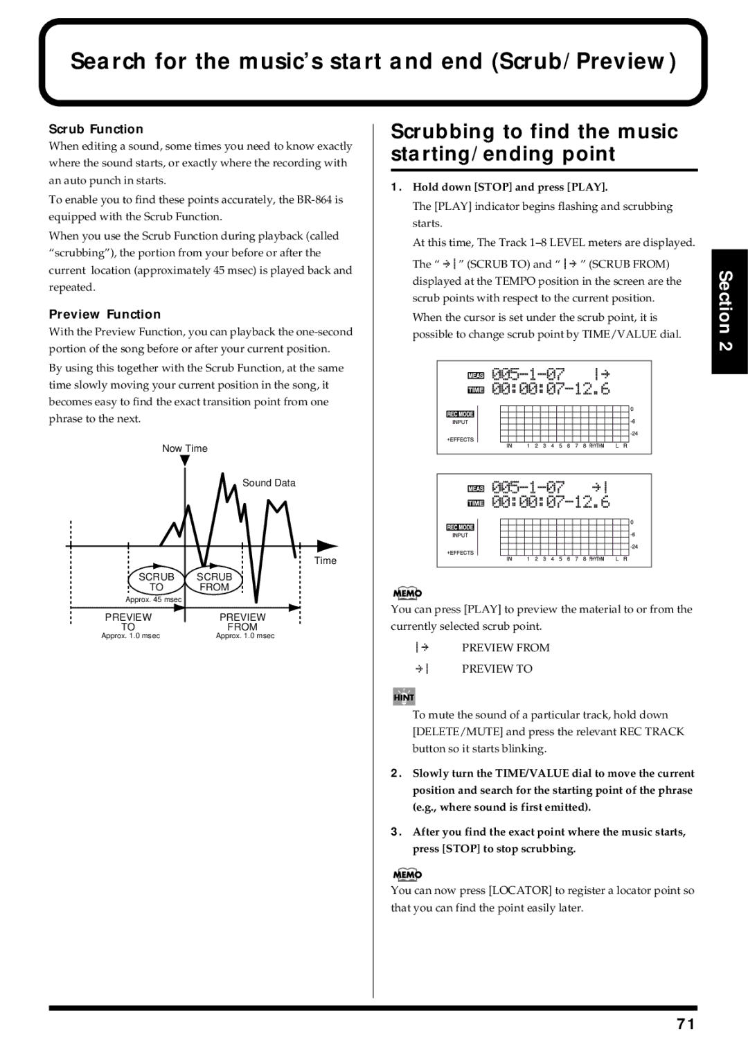 Roland BR-864 owner manual Scrubbing to find the music starting/ending point, Scrub Function, Preview Function 