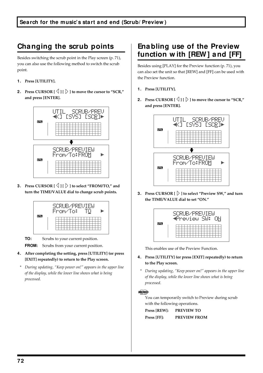 Roland BR-864 owner manual Changing the scrub points, Enabling use of the Preview function with REW and FF 