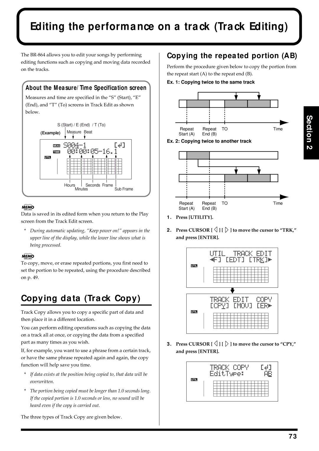 Roland BR-864 Copying data Track Copy, Copying the repeated portion AB, About the Measure/Time Specification screen 