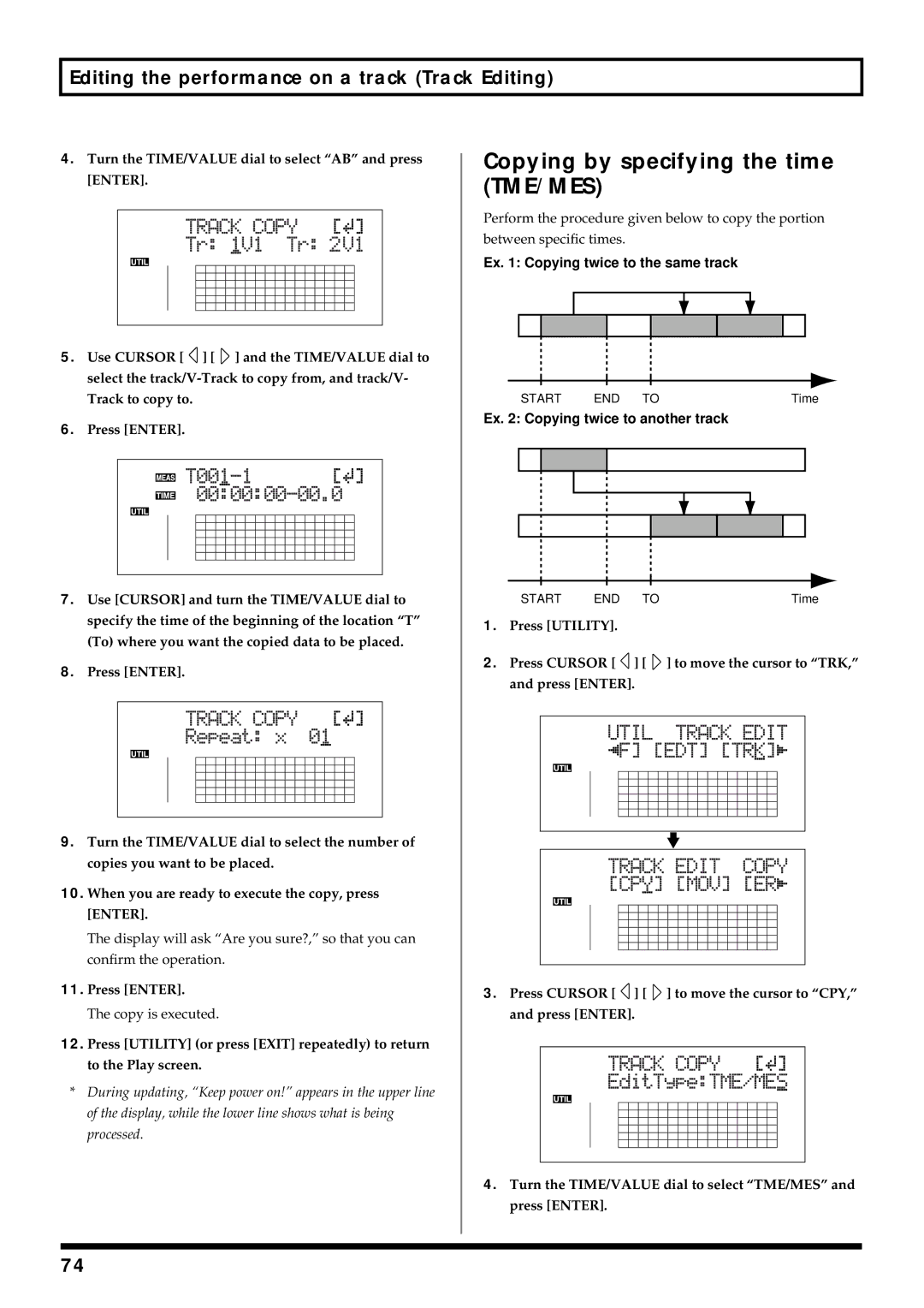 Roland BR-864 owner manual Copying by specifying the time TME/MES, Ex Copying twice to another track 