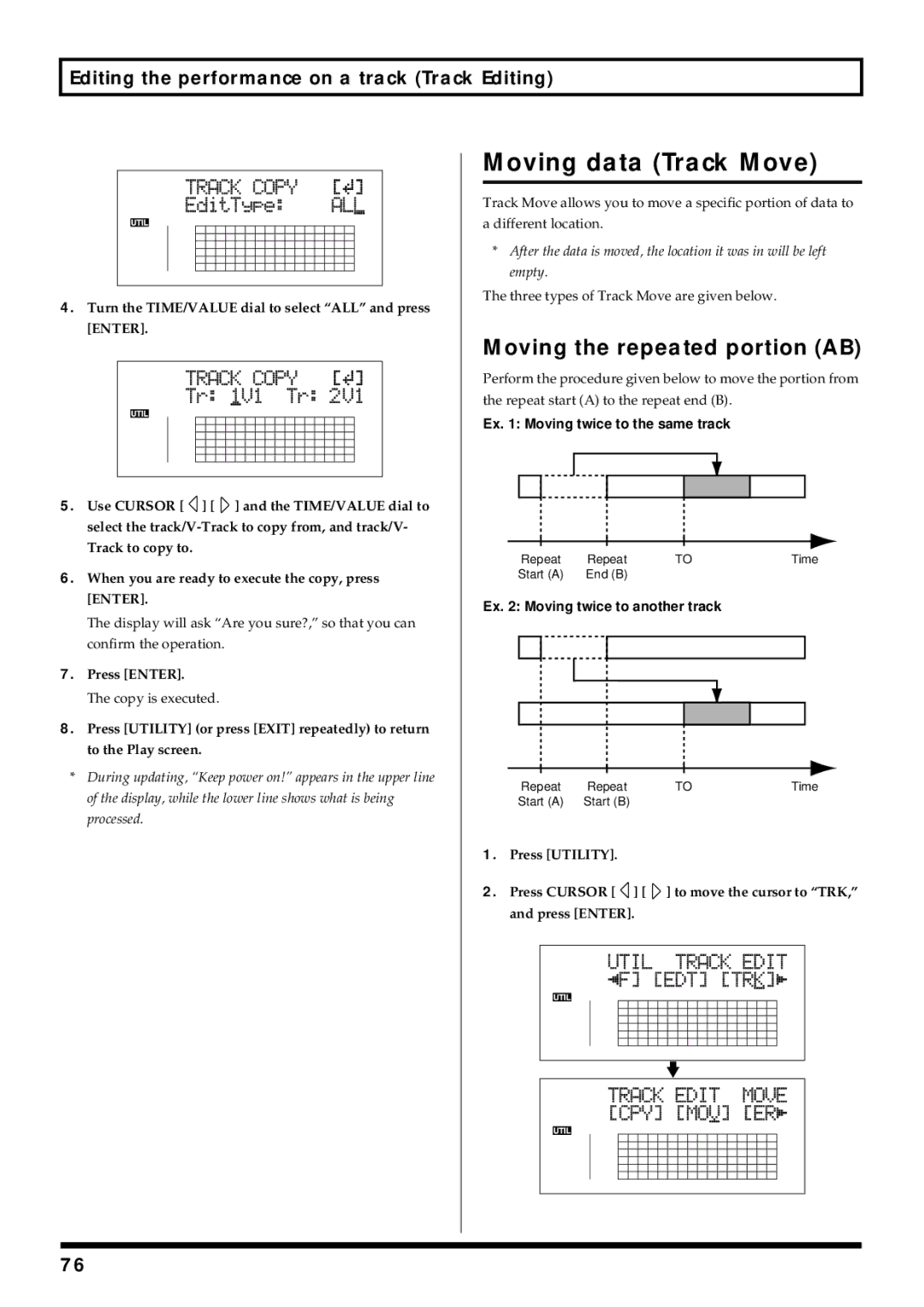 Roland BR-864 owner manual Moving data Track Move, Moving the repeated portion AB, Ex Moving twice to the same track 