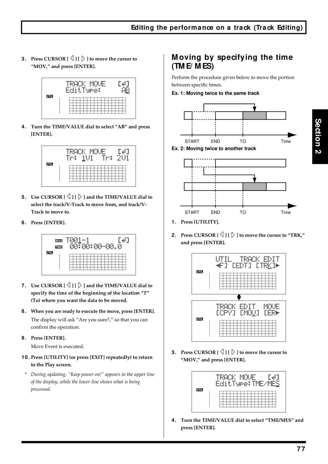 Roland BR-864 owner manual Moving by specifying the time TME/MES, Press Cursor to move the cursor to MOV, and press Enter 