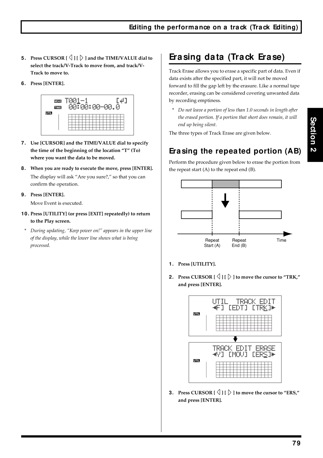 Roland BR-864 owner manual Erasing data Track Erase, Press Cursor to move the cursor to ERS, and press Enter 