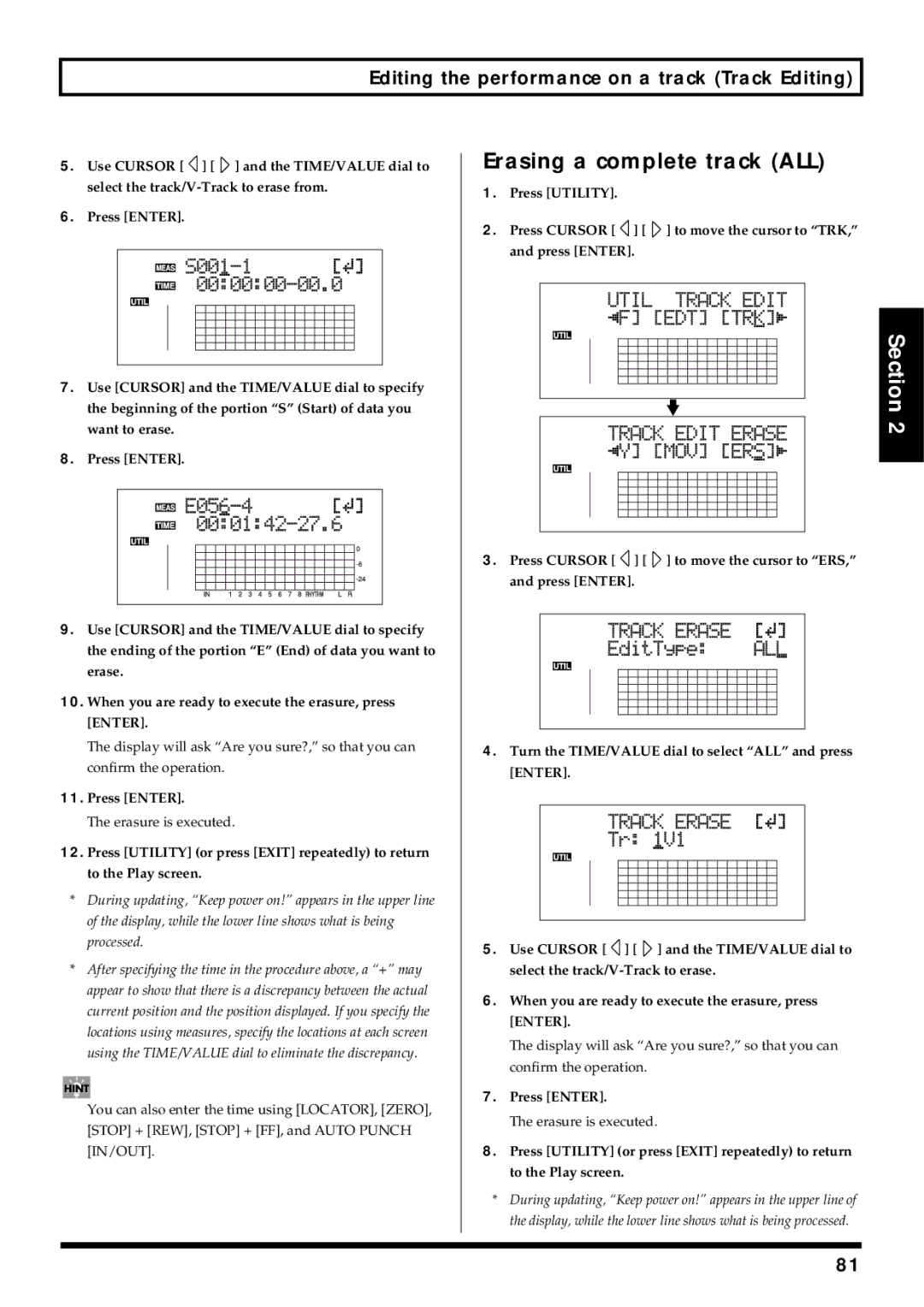 Roland BR-864 owner manual Erasing a complete track ALL, Turn the TIME/VALUE dial to select ALL and press 